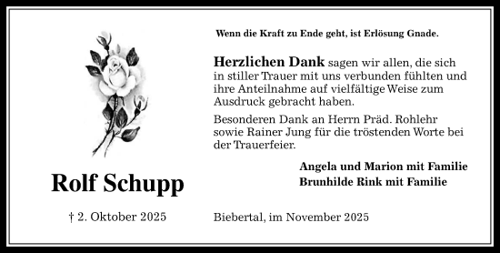 Traueranzeige von Rolf Schupp von Wetzlarer Neue Zeitung