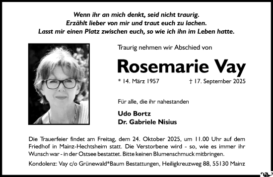 Traueranzeige von Rosemarie Vay von Allgemeine Zeitung Rheinhessen-Nahe