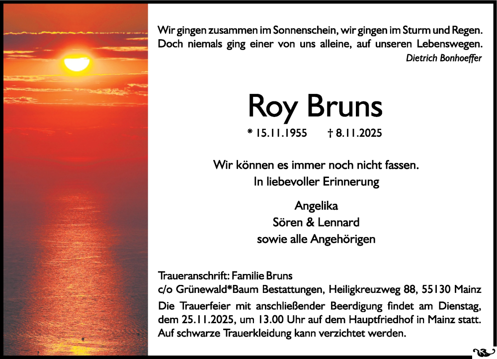  Traueranzeige für Roy Bruns vom 22.11.2025 aus Allgemeine Zeitung Mainz