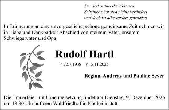 Traueranzeige von Rudolf Hartl von Rüsselsheimer Echo