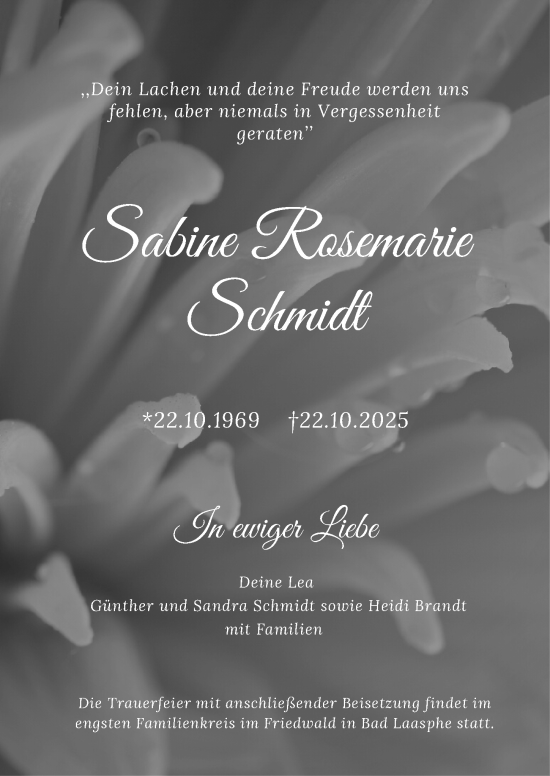 Traueranzeige von Sabine Rosemarie Schmidt von Hinterländer Anzeiger