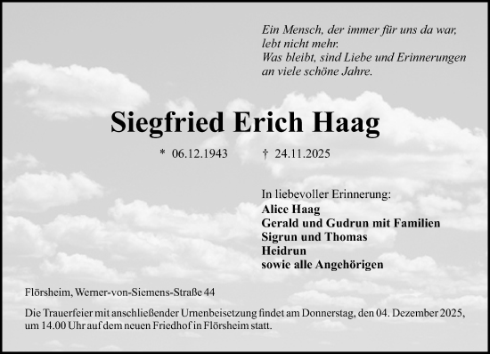 Traueranzeige von Siegfried Erich Haag von Hochheimer Zeitung