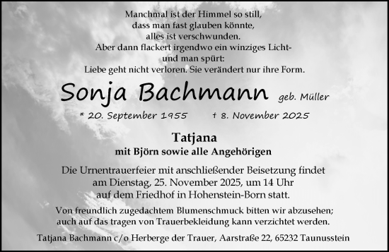 Traueranzeige von Sonja Bachmann von Idsteiner Land/Untertaunus