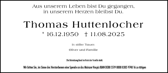 Traueranzeige von Thomas Huttenlocher von Allgemeine Zeitung Mainz