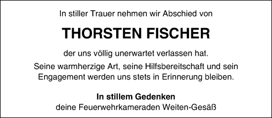 Traueranzeige von Thorsten Fischer von Odenwälder Echo