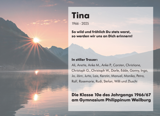 Traueranzeige von Tina  von Weilburger Tageblatt