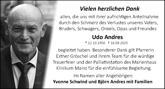 Traueranzeige von Udo Andres von Allgemeine Zeitung Mainz