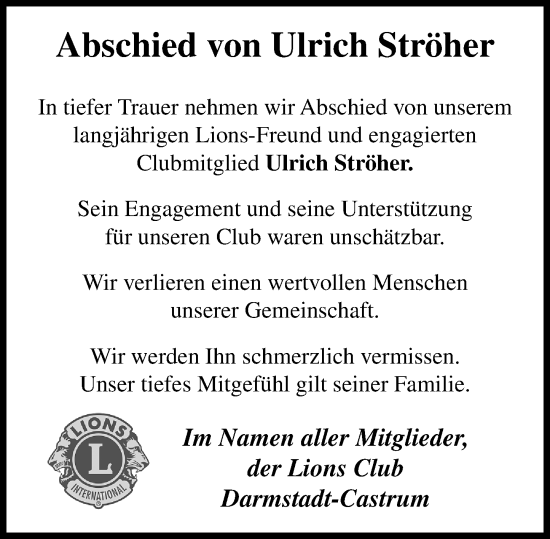 Traueranzeige von Ulrich Ströher von Darmstädter Echo