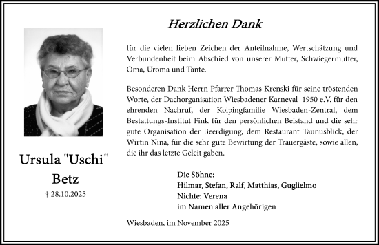 Traueranzeige von Ursula Betz von Wiesbadener Kurier