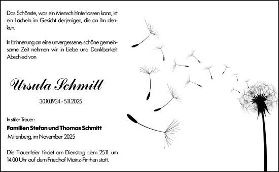Traueranzeige von Ursula Schmitt von Allgemeine Zeitung Mainz