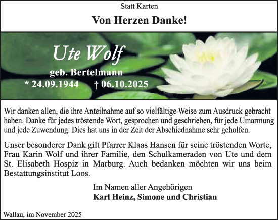 Traueranzeige von Ute Wolf von Hinterländer Anzeiger