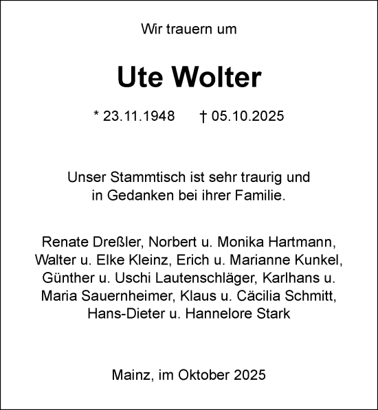Traueranzeige von Ute Wolter von Allgemeine Zeitung Mainz