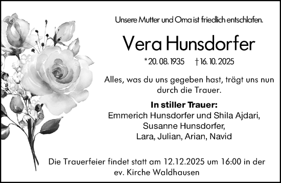 Traueranzeige von Vera Hunsdorfer von Weilburger Tageblatt