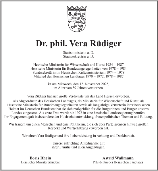Traueranzeige von Vera Rüdiger von Wiesbadener Kurier