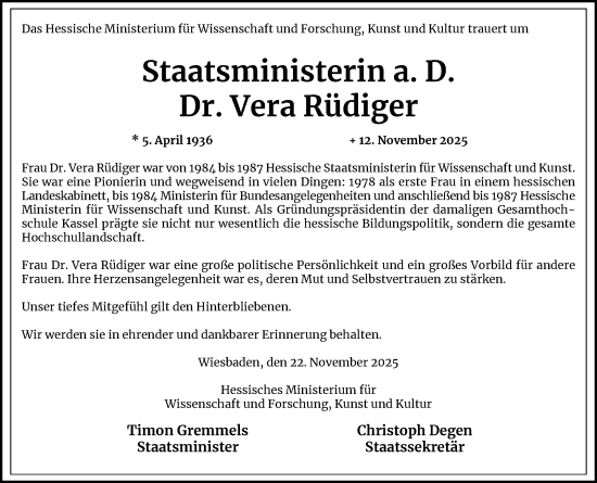 Traueranzeige von Vera Rüdiger von Wiesbadener Kurier