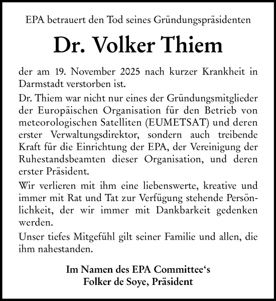 Traueranzeige von Volker Thiem von Darmstädter Echo