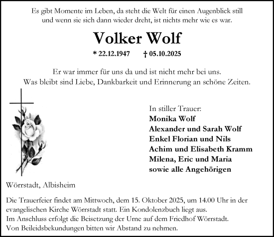 Traueranzeige von Volker Wolf von Allgemeine Zeitung Alzey