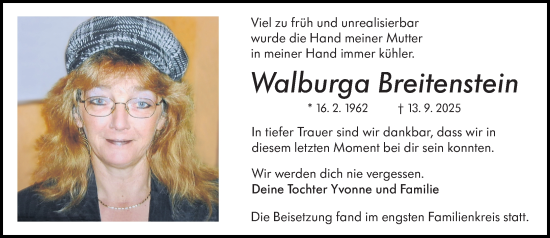 Traueranzeige von Walburga Breitenstein von Wetzlarer Neue Zeitung