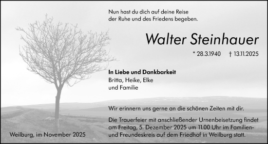 Traueranzeige von Walter Steinhauer von Weilburger Tageblatt