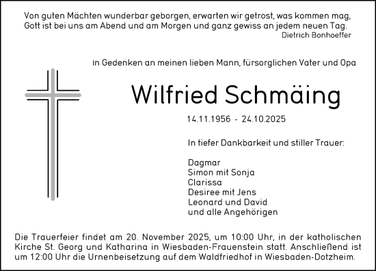 Traueranzeige von Wilfried Schmäing von Wiesbadener Kurier