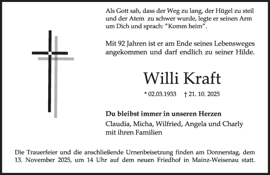 Traueranzeige von Willi Kraft von Allgemeine Zeitung Mainz