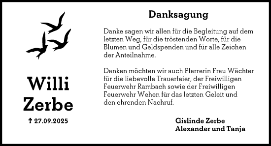 Traueranzeige von Willi Zerbe von Wiesbadener Kurier