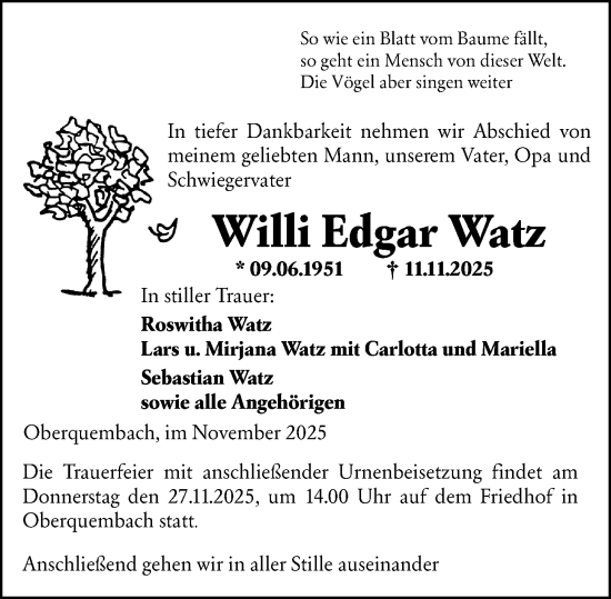 Traueranzeige von Willi Edgar Watz von Wetzlarer Neue Zeitung