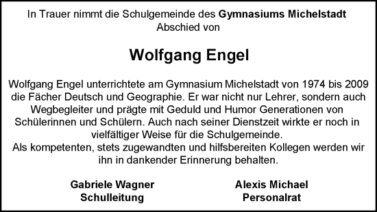 Traueranzeige von Wolfgang Engel von Odenwälder Echo