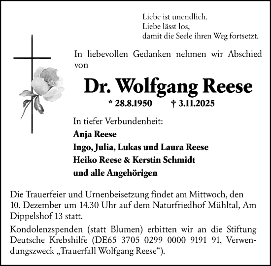 Traueranzeige von Wolfgang Reese von Darmstädter Echo