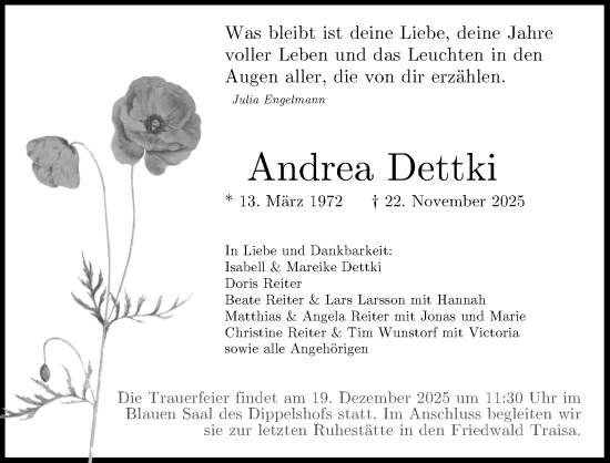 Traueranzeige von Andrea Dettki von Darmstädter Echo