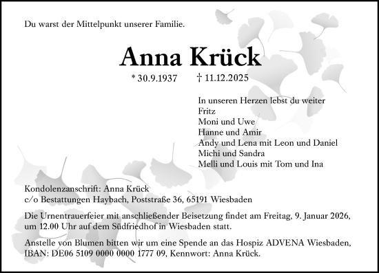 Traueranzeige von Anna Krück von Wiesbadener Kurier