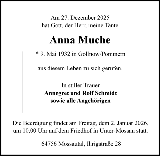 Traueranzeige von Anna Muche von Odenwälder Echo