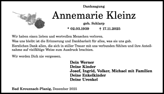 Traueranzeige von Annemarie Kleinz von Allgemeine Zeitung Rheinhessen-Nahe