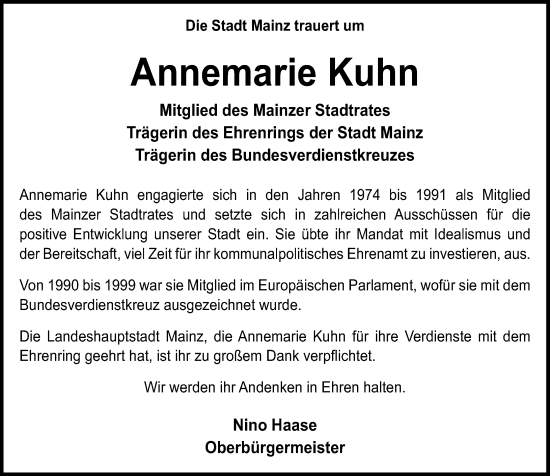Traueranzeige von Annemarie Kuhn von Allgemeine Zeitung Mainz