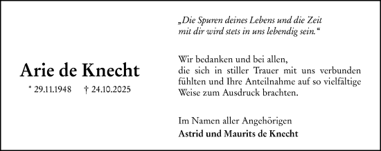 Traueranzeige von Arie de Knecht von Hinterländer Anzeiger