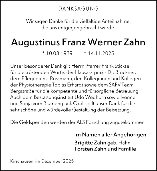 Traueranzeige von Augustinus Franz Werner Zahn von Starkenburger Echo
