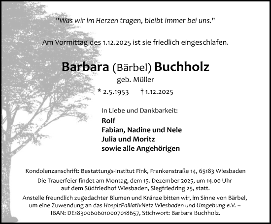 Traueranzeige von Barbara Buchholz von Wiesbadener Kurier