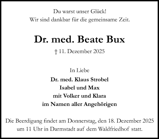 Traueranzeige von Beate Bux von Darmstädter Echo