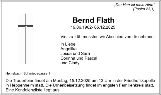 Traueranzeige von Bernd Flath von Starkenburger Echo