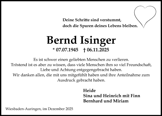 Traueranzeige von Bernd Isinger von Wiesbadener Kurier