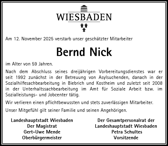 Traueranzeige von Bernd Nick von Wiesbadener Kurier