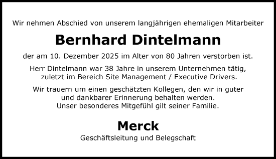 Traueranzeige von Bernhard Dintelmann von Darmstädter Echo