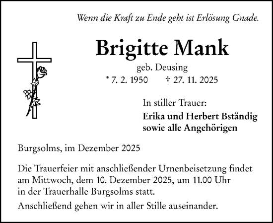 Traueranzeige von Brigitte Mank von Wetzlarer Neue Zeitung