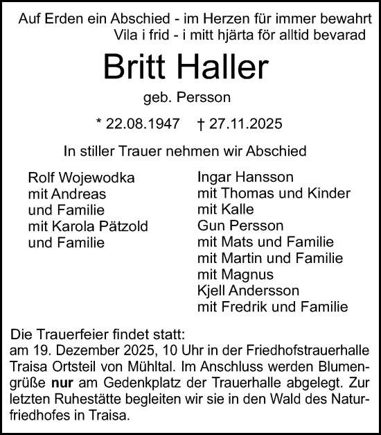 Traueranzeige von Britt Haller von Darmstädter Echo