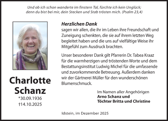 Traueranzeige von Charlotte Schanz von Idsteiner Land/Untertaunus