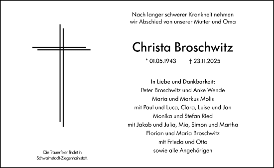Traueranzeige von Christa Broschwitz von Wiesbadener Kurier