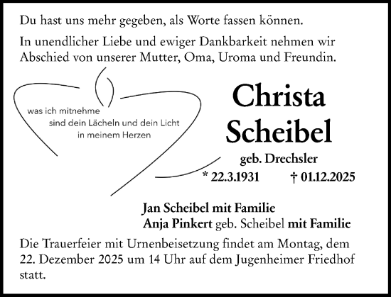 Traueranzeige von Christa Scheibel von Darmstädter Echo