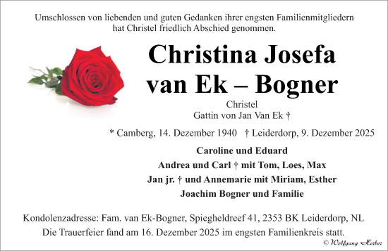 Traueranzeige von Christina Josefa van Ek-Bogner von Camberger Anzeiger