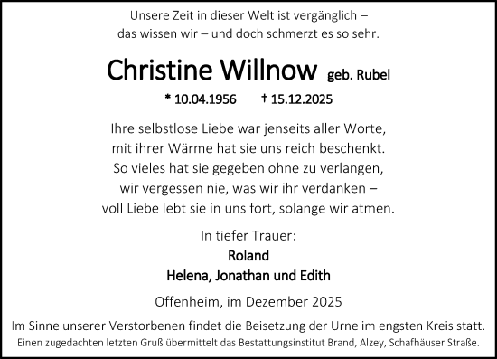 Traueranzeige von Christine Willnow von Allgemeine Zeitung Alzey