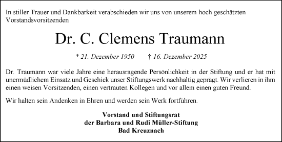 Traueranzeige von Clemens Traumann von Allgemeine Zeitung Rheinhessen-Nahe